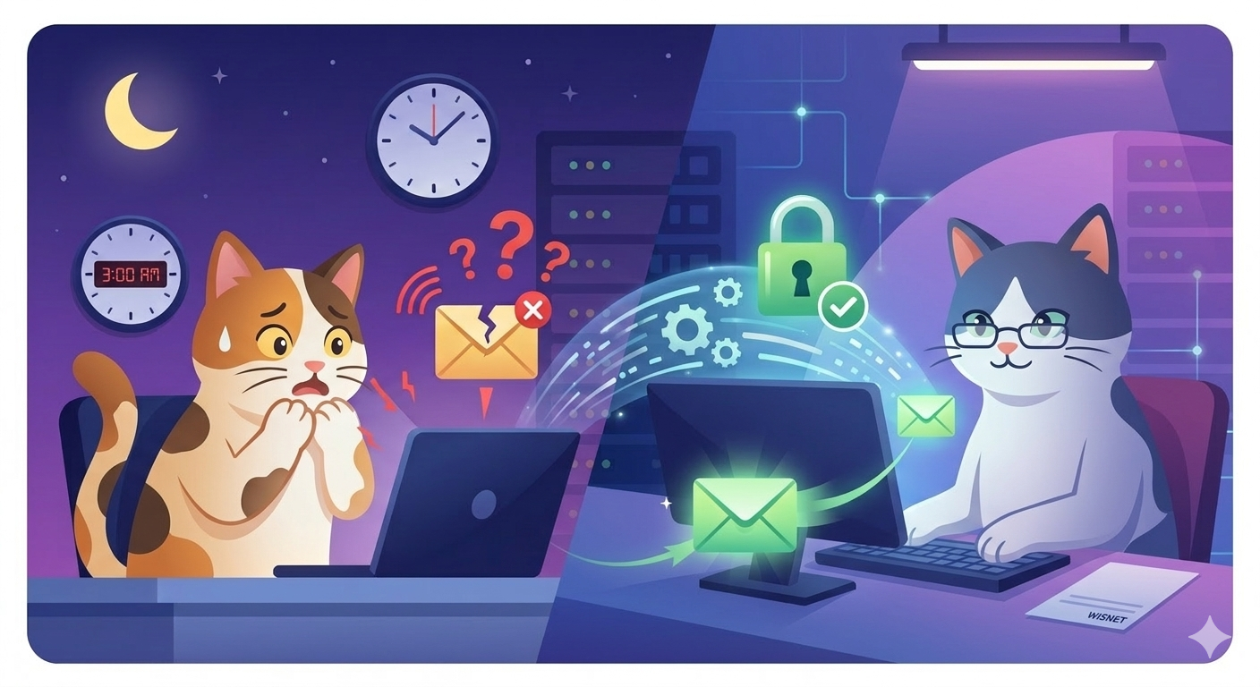 深夜3時のメールトラブルを猫スタッフが迅速に解決するイメージ